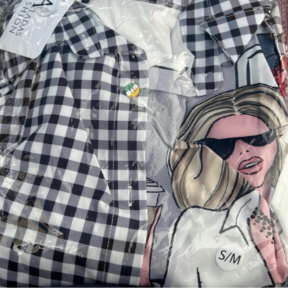 Black and White Checkered Shirt with Graphic Design